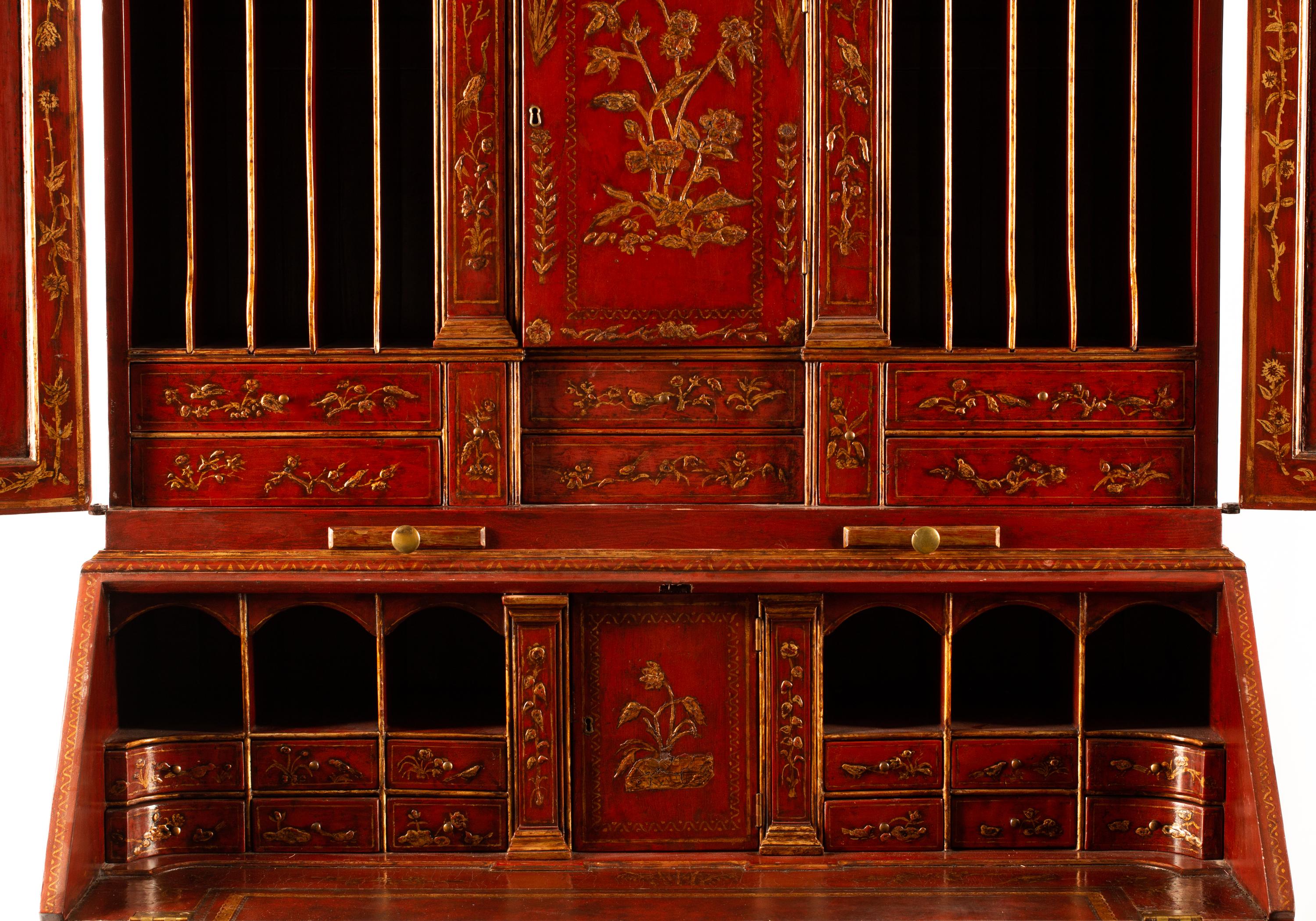 A George II Style Red Lacquered Chinoiserie Secretary Bookcase — 20TH CENTURY