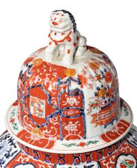 A Pair of Large Imari Palette Porcelain Jars with Wood Stands
