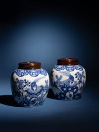 A Pair of Chinese Blue and White Porcelain 'Peonies and Pheasant' Ginger Jars, Guangxu Period 清光緒 青花牡丹錦鷄圖蓋罐一對