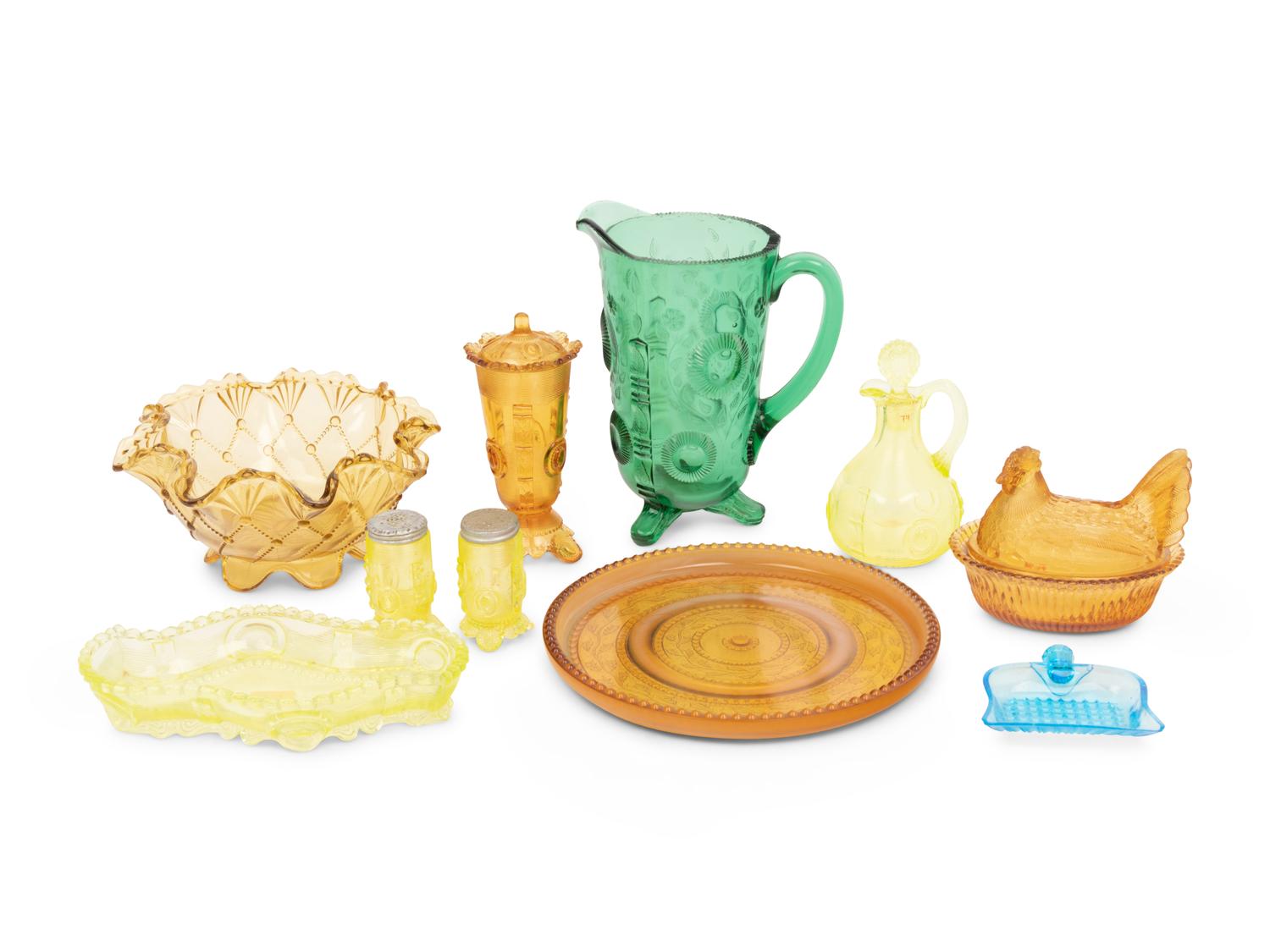 A Large Collection of Indiana Tumbler and Goblet Company Colored Glass Articles