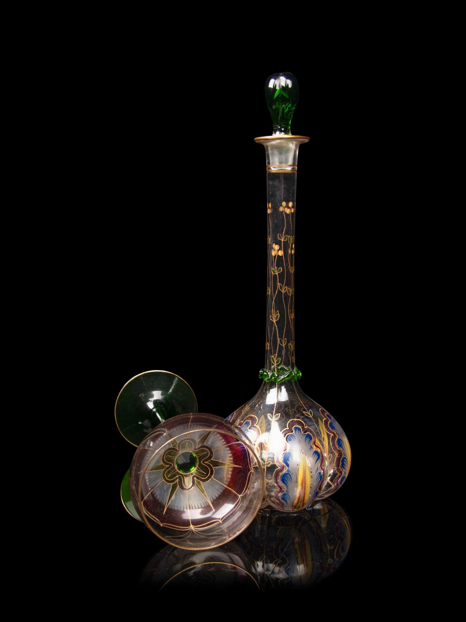A Set of Four Enameled Glass Wine Hocks and Decanter