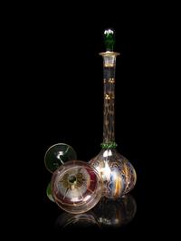 A Set of Four Enameled Glass Wine Hocks and Decanter