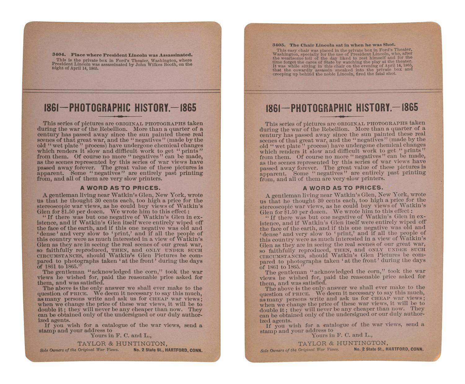 [LINCOLN, Abraham (1809-1865)]. A group of 2 stereoviews of Lincoln's private box and chair in which he was assassinated at Ford's Theater. Hartford, CT: Taylor & Huntington, ca 1890s.