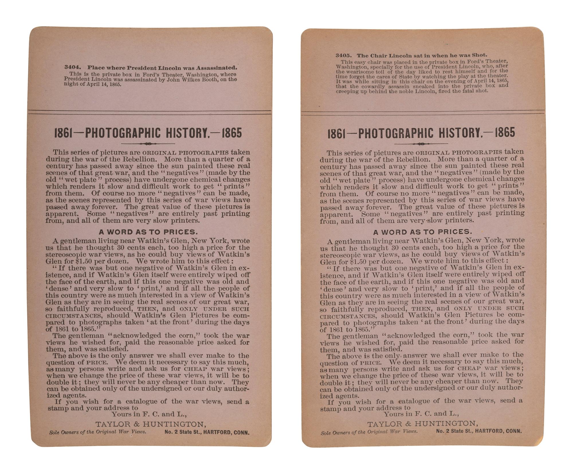 [LINCOLN, Abraham (1809-1865)]. A group of 2 stereoviews of Lincoln's private box and chair in which he was assassinated at Ford's Theater. Hartford, CT: Taylor & Huntington, ca 1890s.
