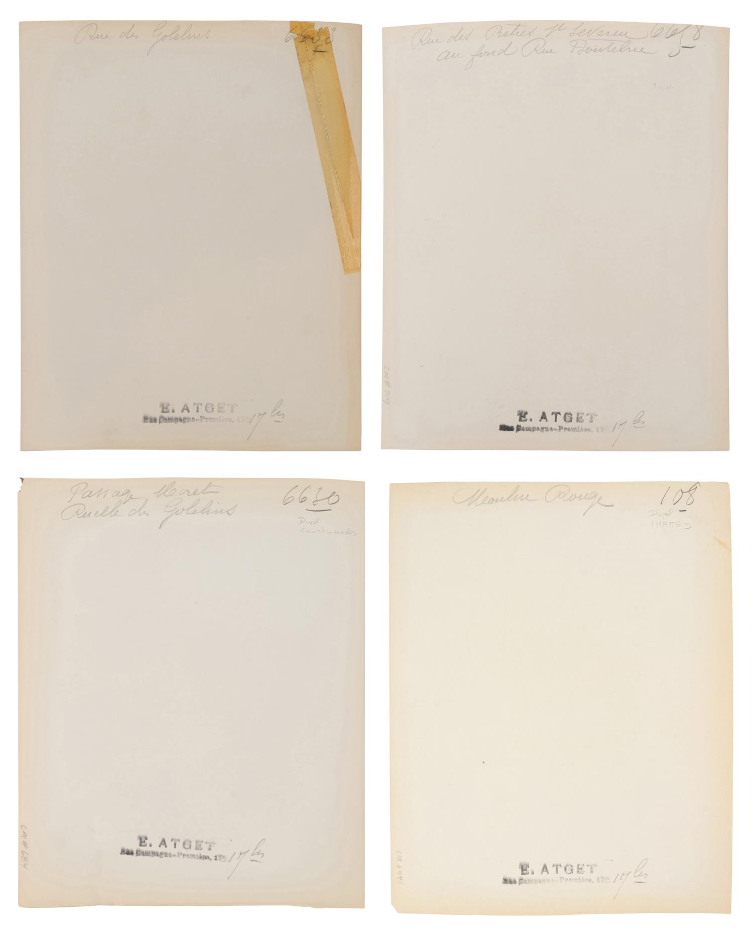 A group of four photographs depicting Paris ( Moulin Rouge [86 boulevard de Clichy] ; Passage Moret, ruelle des Gobelins ; Rue des Prêtres Saint-Séverin, au fond rue Boutebrie; Rue des Gobelins)