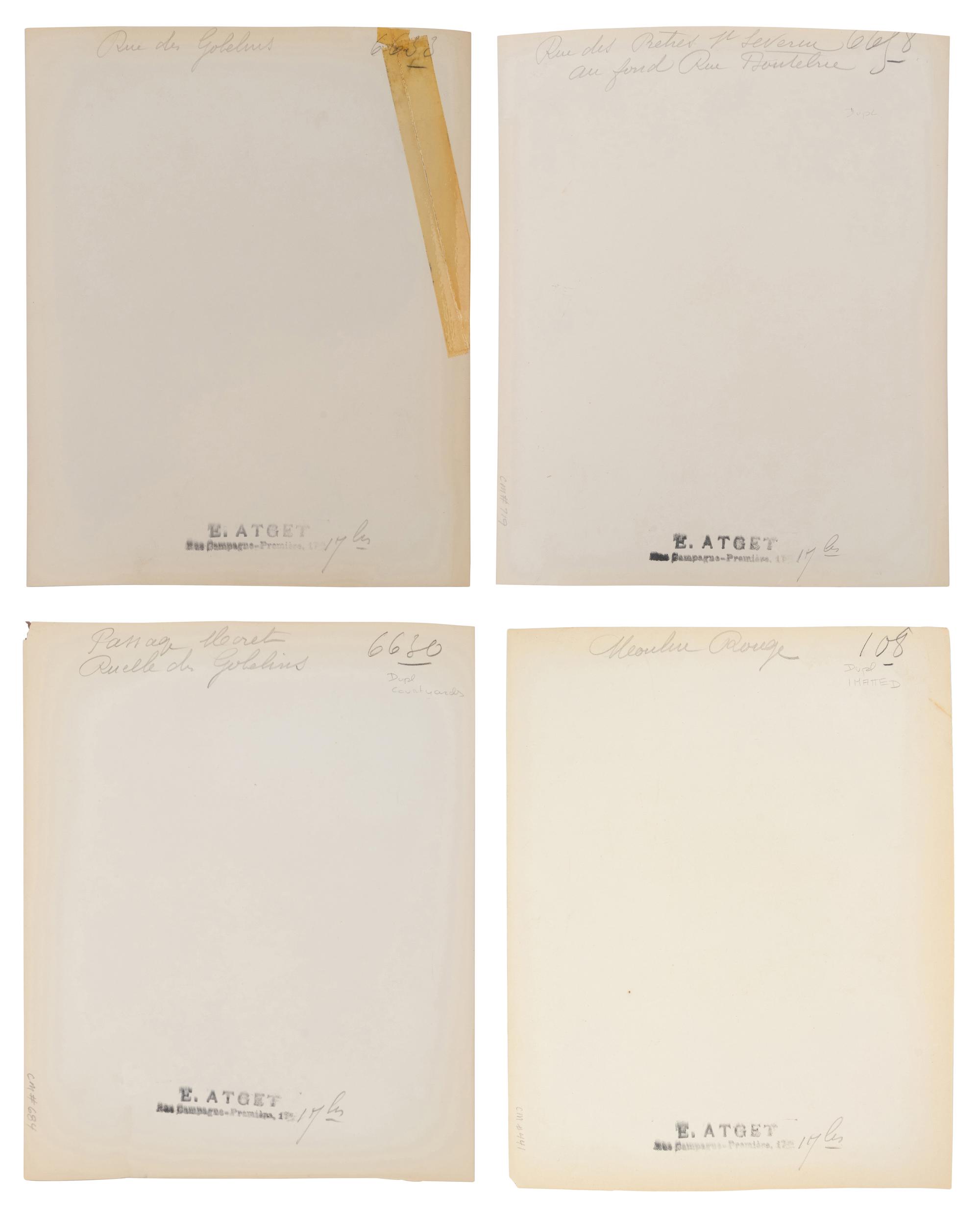 A group of four photographs depicting Paris ( Moulin Rouge [86 boulevard de Clichy] ; Passage Moret, ruelle des Gobelins ; Rue des Prêtres Saint-Séverin, au fond rue Boutebrie; Rue des Gobelins)