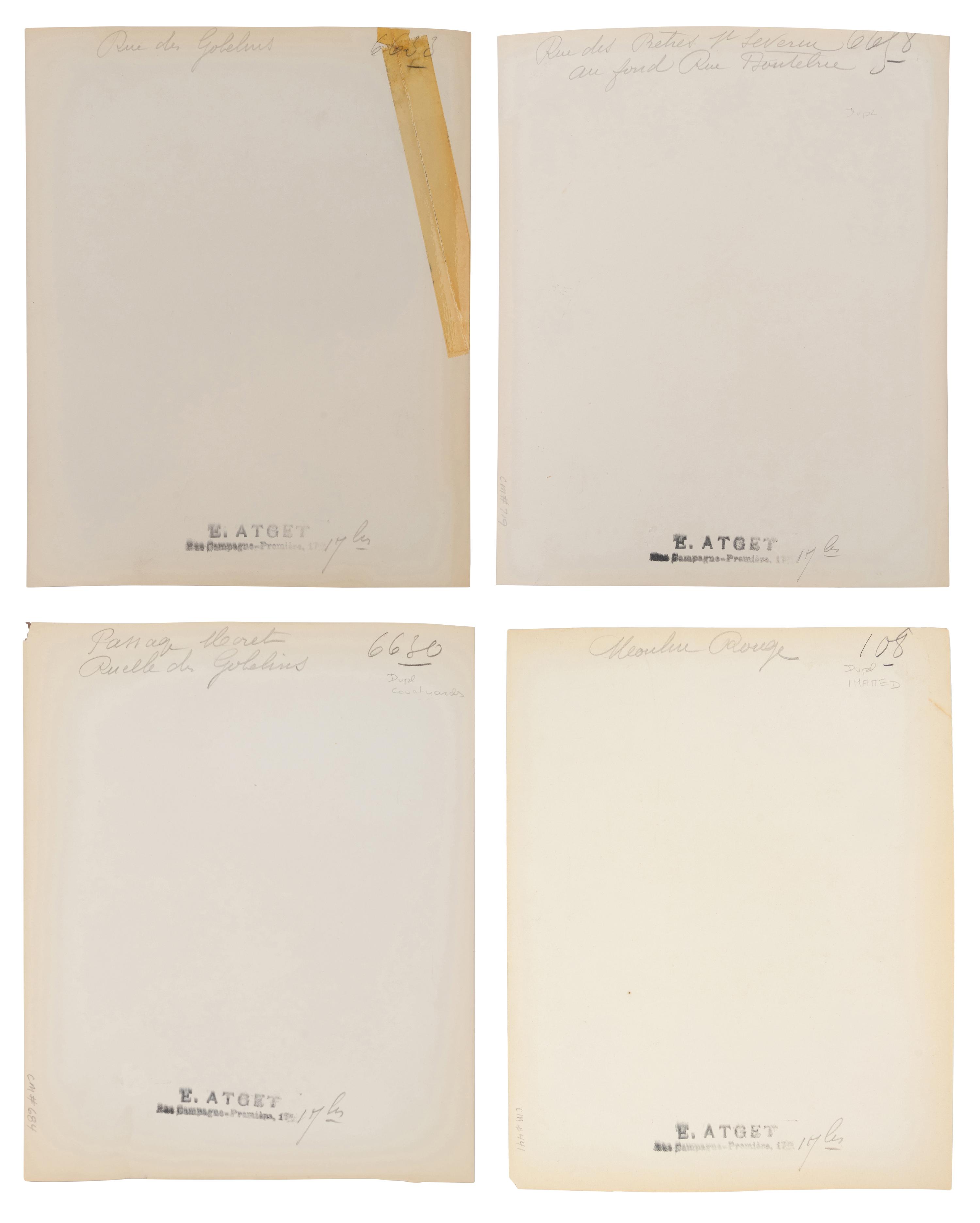 A group of four photographs depicting Paris ( Moulin Rouge [86 boulevard de Clichy] ; Passage Moret, ruelle des Gobelins ; Rue des Prêtres Saint-Séverin, au fond rue Boutebrie; Rue des Gobelins)