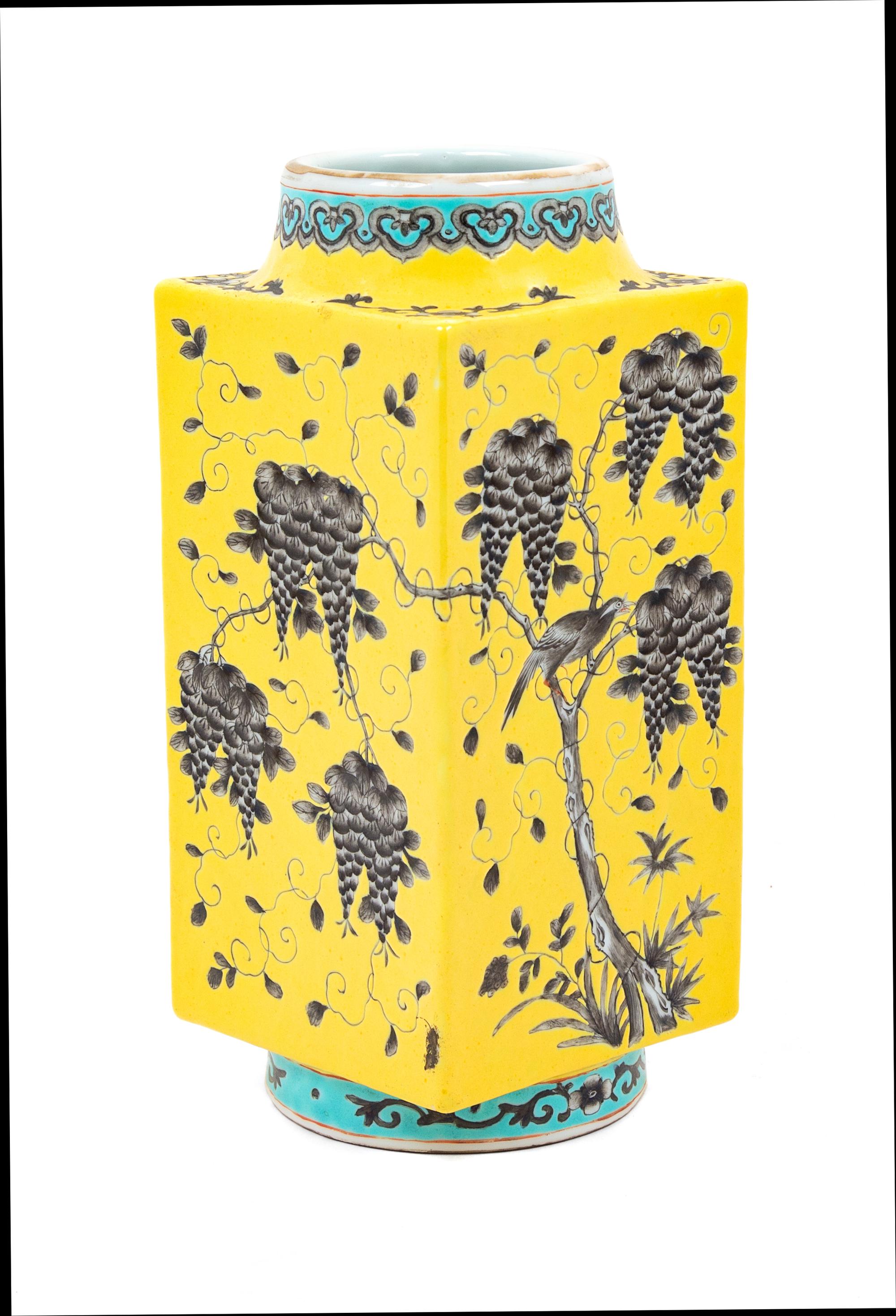A Chinese Yellow Ground Grisalle Porcelain Cong Vase