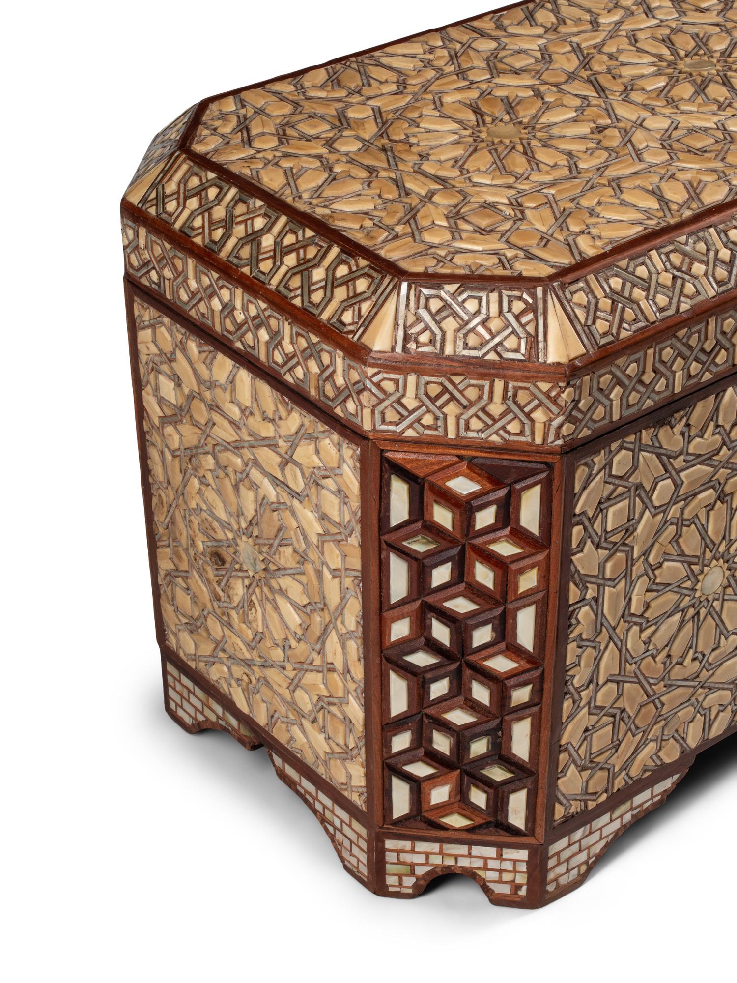 A Levantine Bone and Silvered Wood-Inlaid Lift-Top Chest