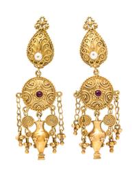 A Pair of 18 Karat Yellow Gold, Seed Pearl and Ruby Pendant Earrings, 9.20 dwts.