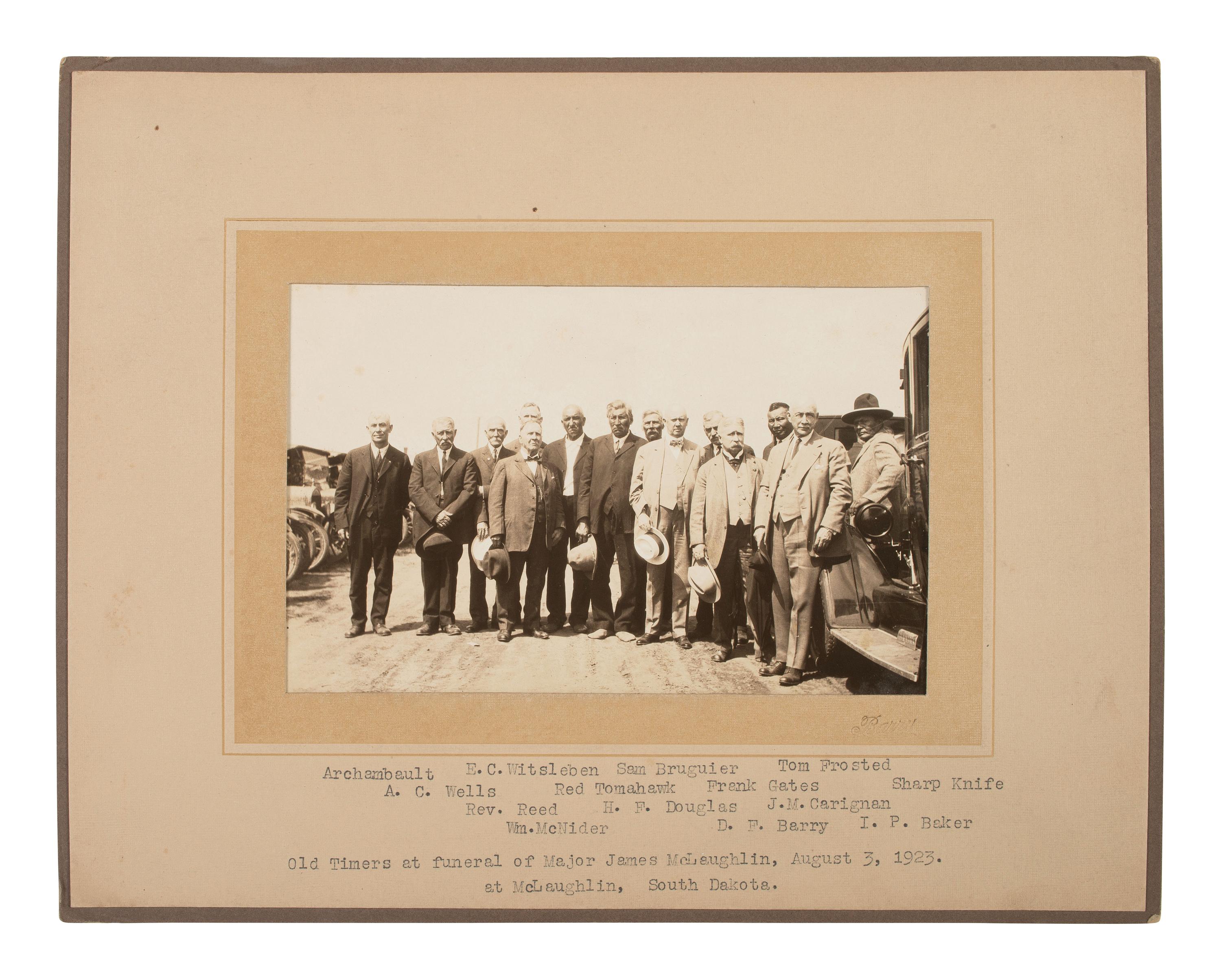 Four photographs of attendees of the funeral of US Indian Agent, Major James McLaughlin, incl. images by D.F. BARRY.
