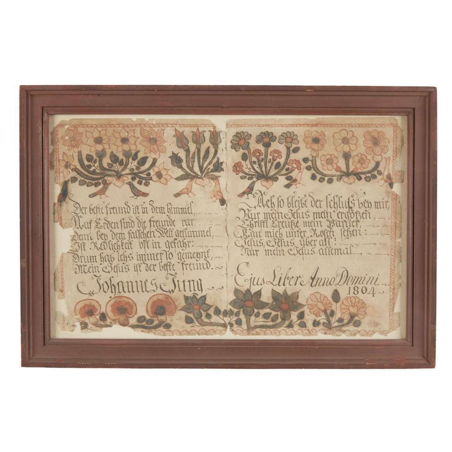 Fraktur: two bookplates for Johannes Jung, 1804 Johannes Ernst Spangenberg (1755-1814), Easton, Northampton County, PA