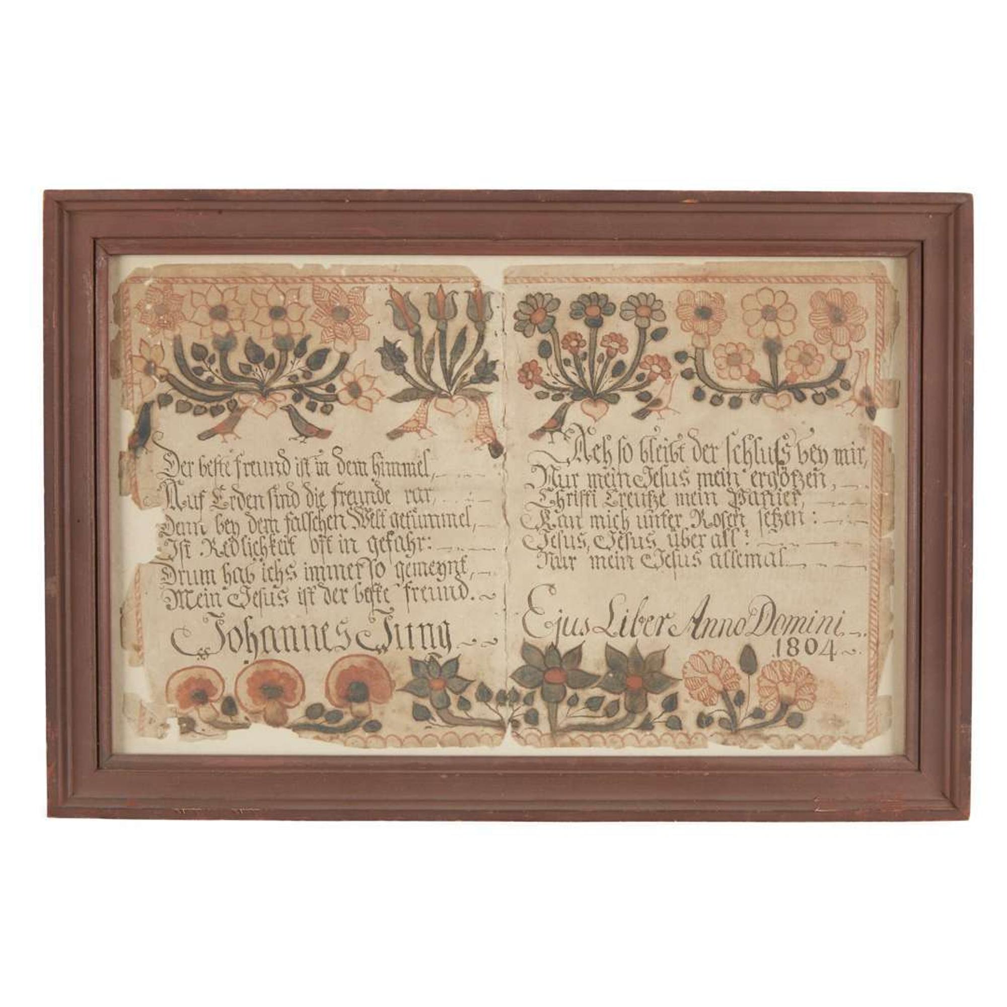 Fraktur: two bookplates for Johannes Jung, 1804 Johannes Ernst Spangenberg (1755-1814), Easton, Northampton County, PA