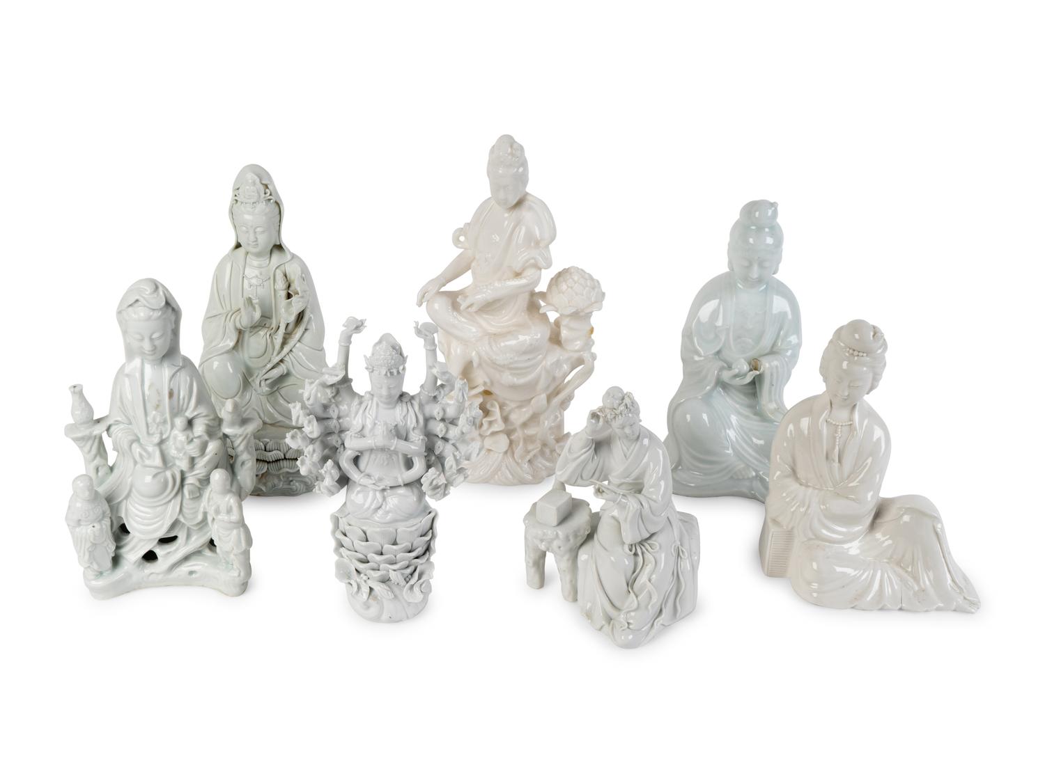 Seven Chinese Blanc de Chine Porcelain Figures of Seated Guanyin and Maidens