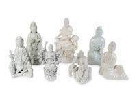 Seven Chinese Blanc de Chine Porcelain Figures of Seated Guanyin and Maidens