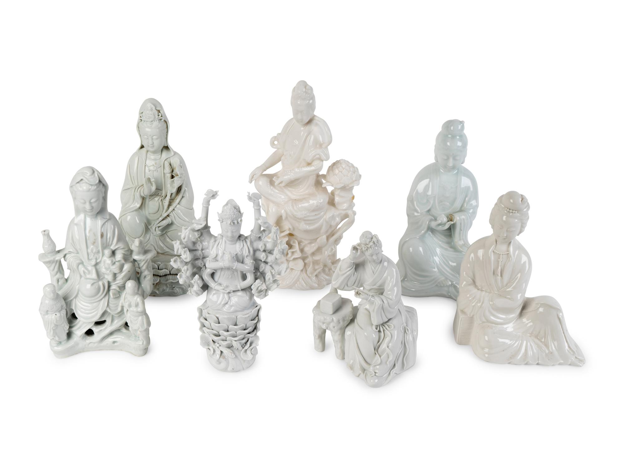 Seven Chinese Blanc de Chine Porcelain Figures of Seated Guanyin and Maidens
