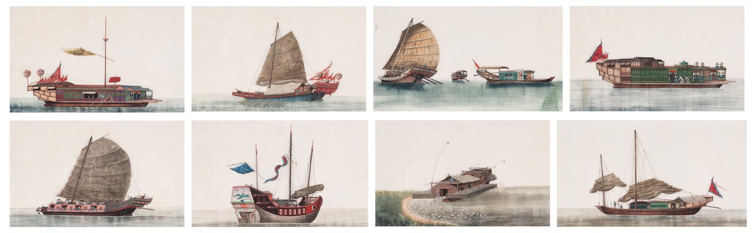 A Set of Eight Chinese Export Pith Paintings, Late Qing Dynasty 清晚期 通草畫船隻圖鏡框八幅