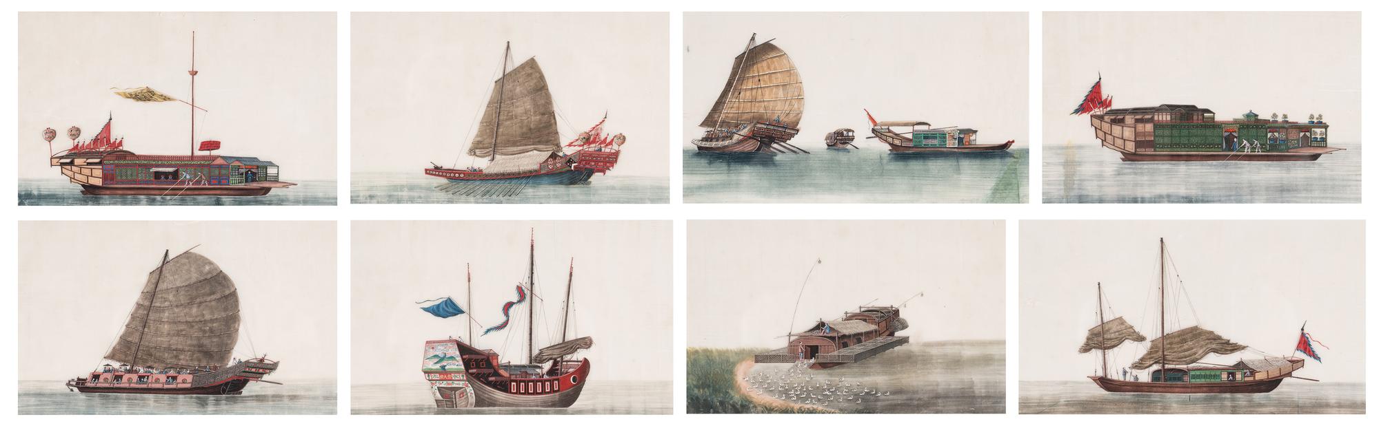 A Set of Eight Chinese Export Pith Paintings, Late Qing Dynasty 清晚期 通草畫船隻圖鏡框八幅