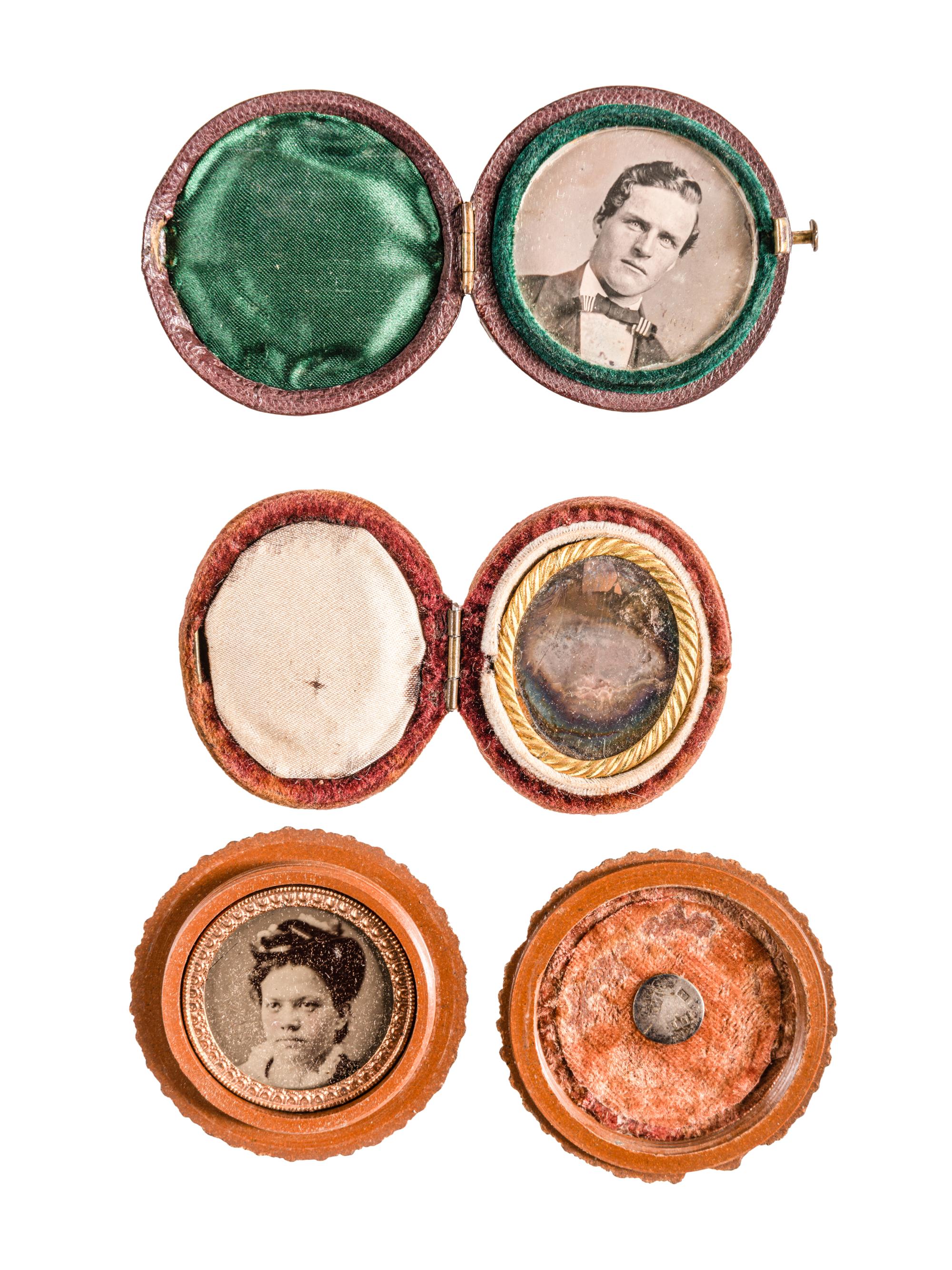 [EARLY PHOTOGRAPHY - UNION CASES]. A group of 3 unusual oval or circular cases containing images, including: