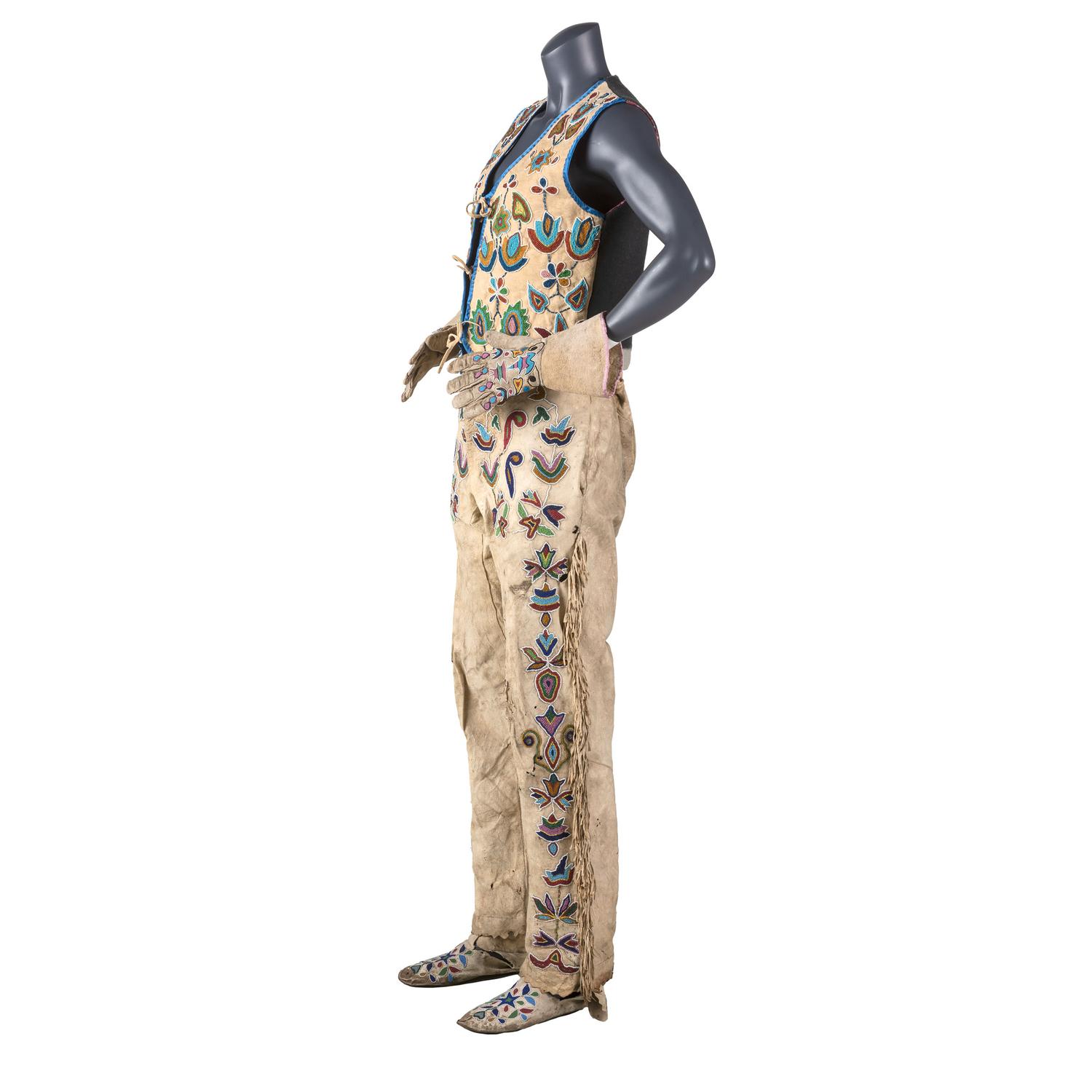 Apsáalooke (Crow) Beaded Hide Vest, Gauntlets, Pants, and Moccasins