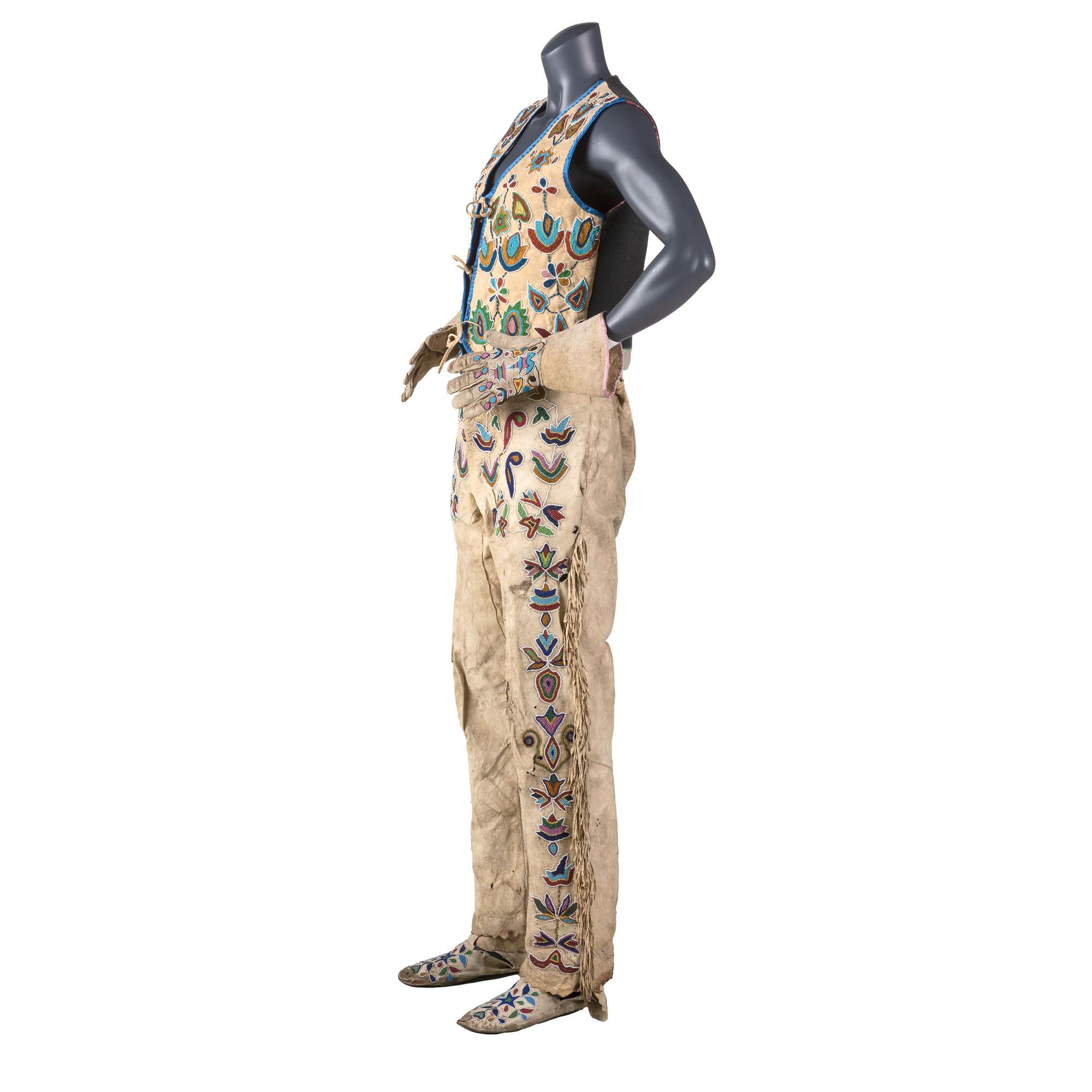 Apsáalooke (Crow) Beaded Hide Vest, Gauntlets, Pants, and Moccasins