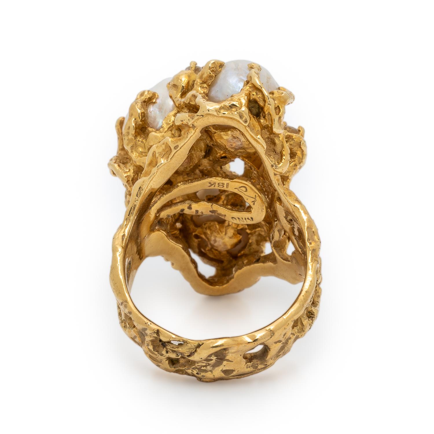 Arthur King, Cultured Biwa Pearl, Diamond, and Yellow Gold Ring