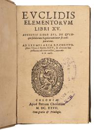 [EUCLID (fl. ca 300 B.C.)]. CLAVIUS, Christoph (1537-1612), Editor. Euclidis Elementorum libri XV. Accessit liber XVI . Cologne: Peter Cholinus, 1627.