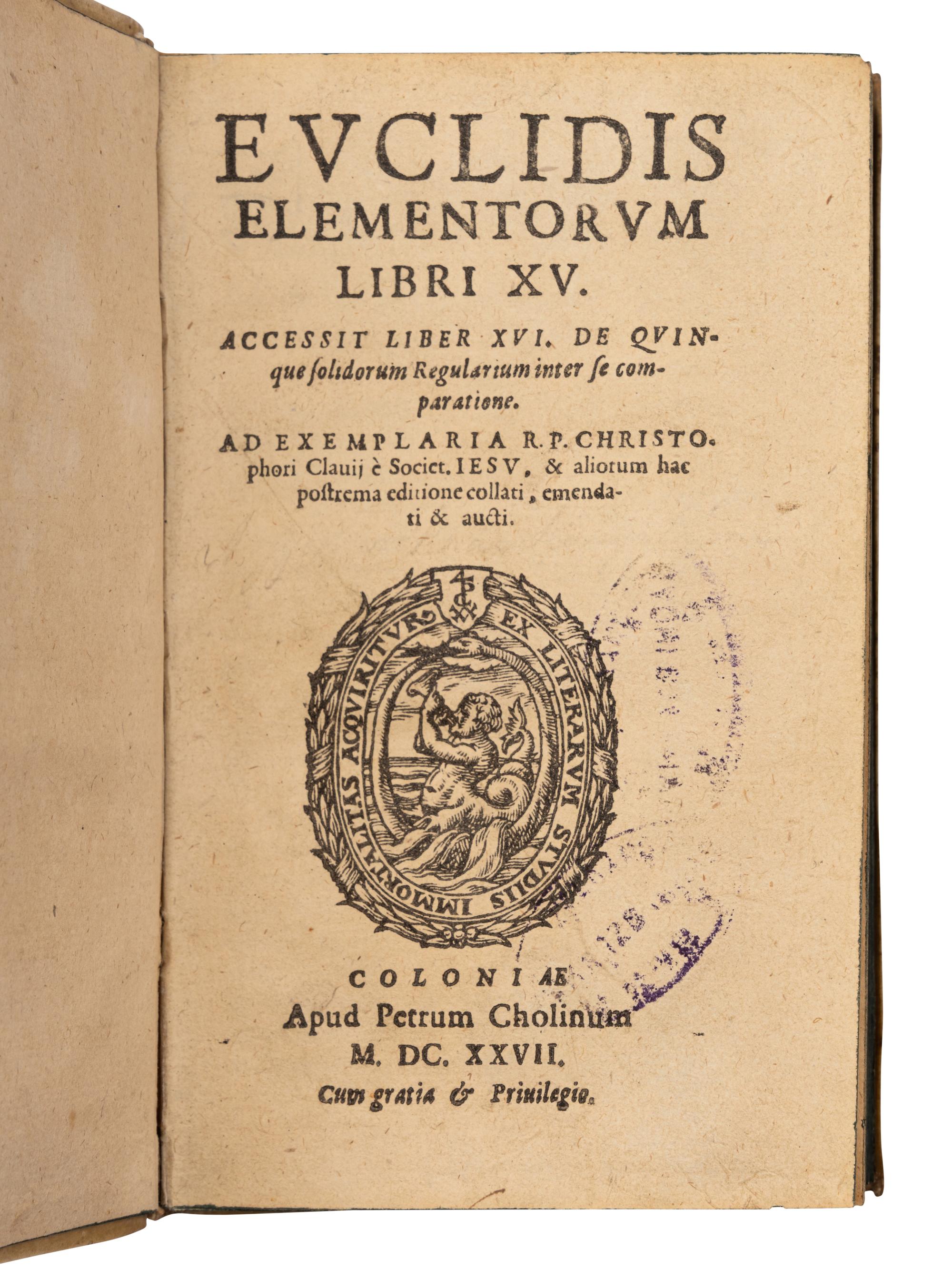 [EUCLID (fl. ca 300 B.C.)]. CLAVIUS, Christoph (1537-1612), Editor. Euclidis Elementorum libri XV. Accessit liber XVI . Cologne: Peter Cholinus, 1627.