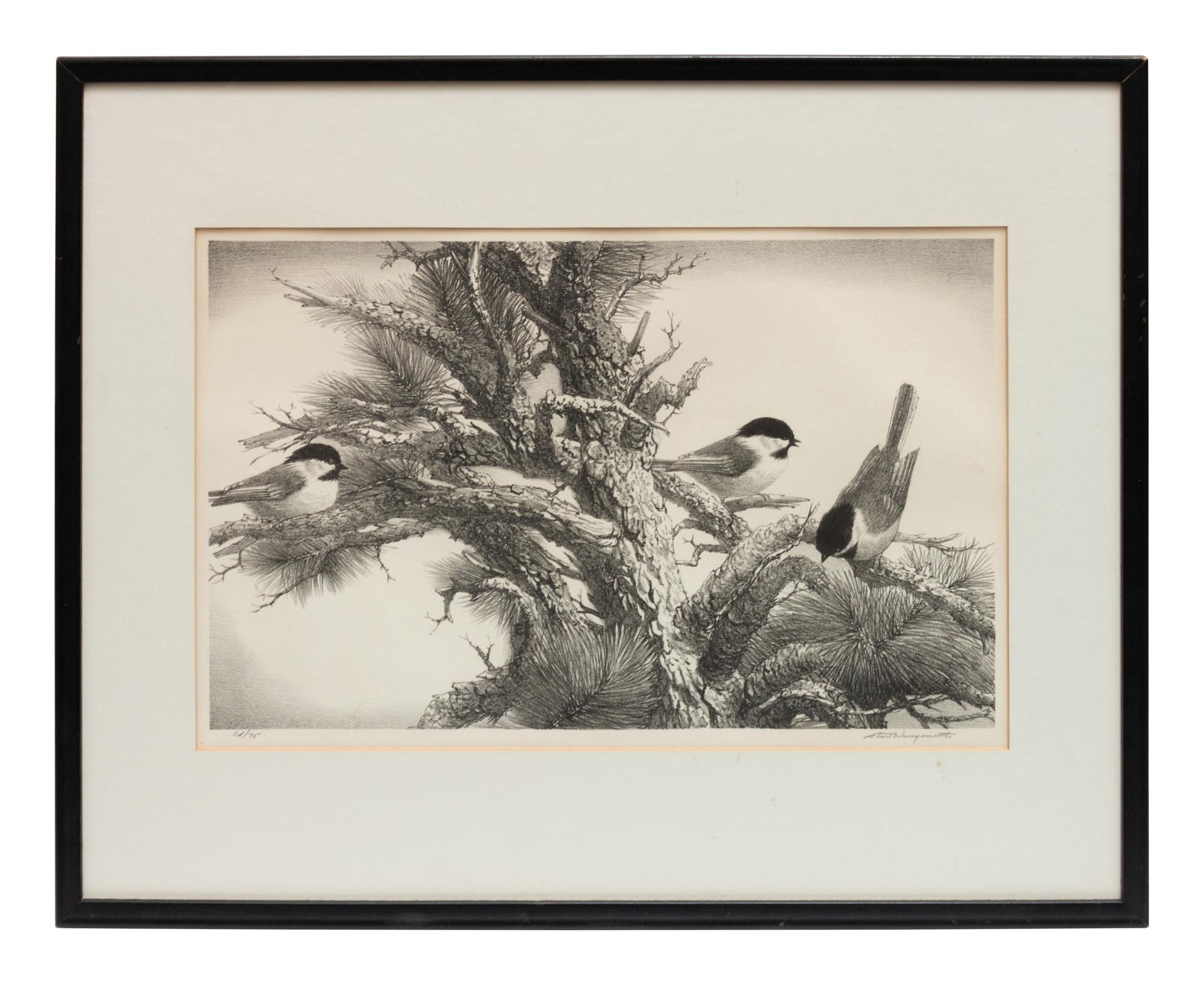 A group of five prints ( Memory , 1971; Four Chickadees , 1956; Little Friends , 1972; Red-Winged Black Birds , 1946; The Matriarch, Owl )