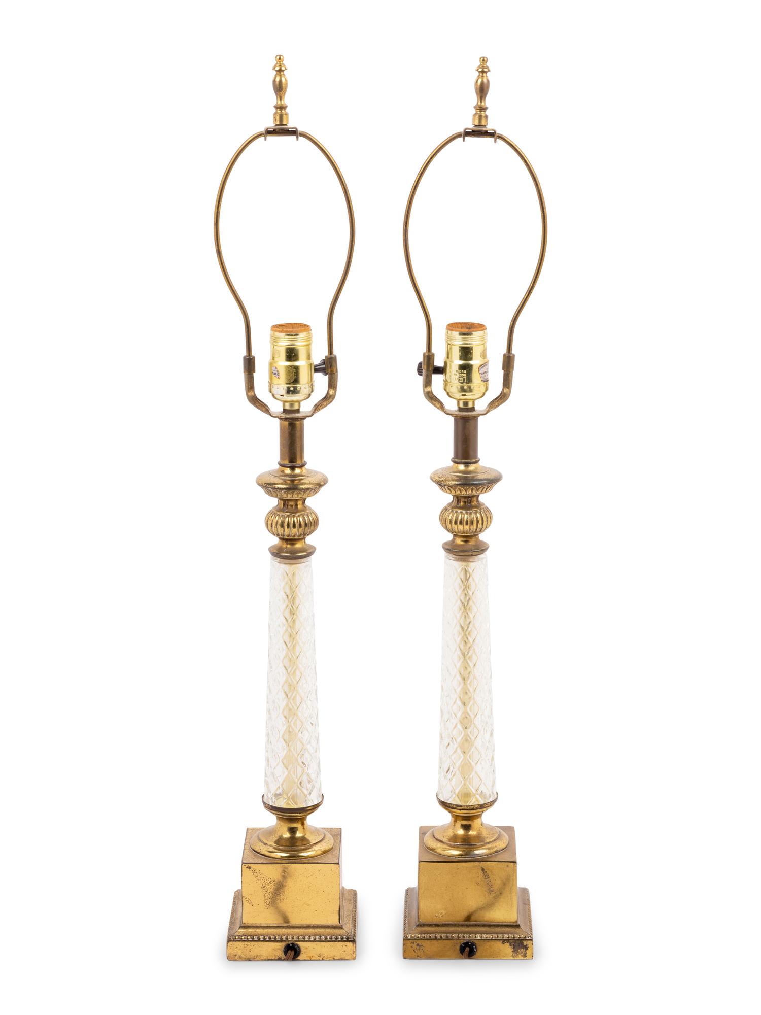 A Pair of Gilt Metal and Cut Glass Mounted Lamps