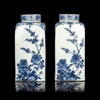 A Pair of Chinese Export Blue and White Covered Jars