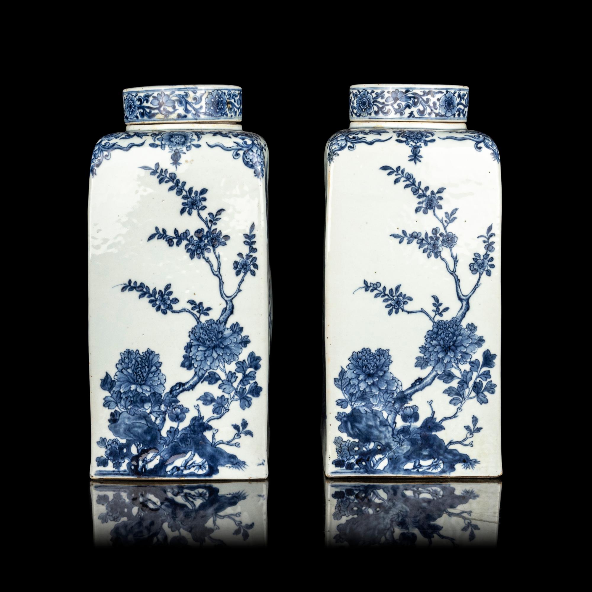 A Pair of Chinese Export Blue and White Covered Jars