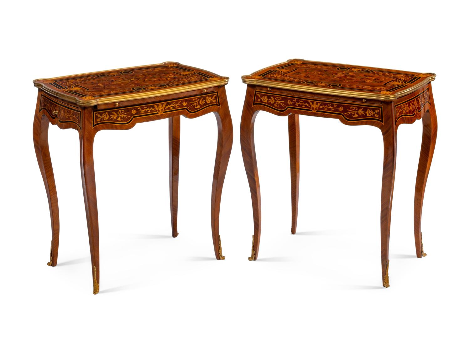 A Pair of Louis XV Style Gilt Metal Mounted Marquetry Side Tables