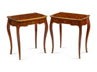 A Pair of Louis XV Style Gilt Metal Mounted Marquetry Side Tables