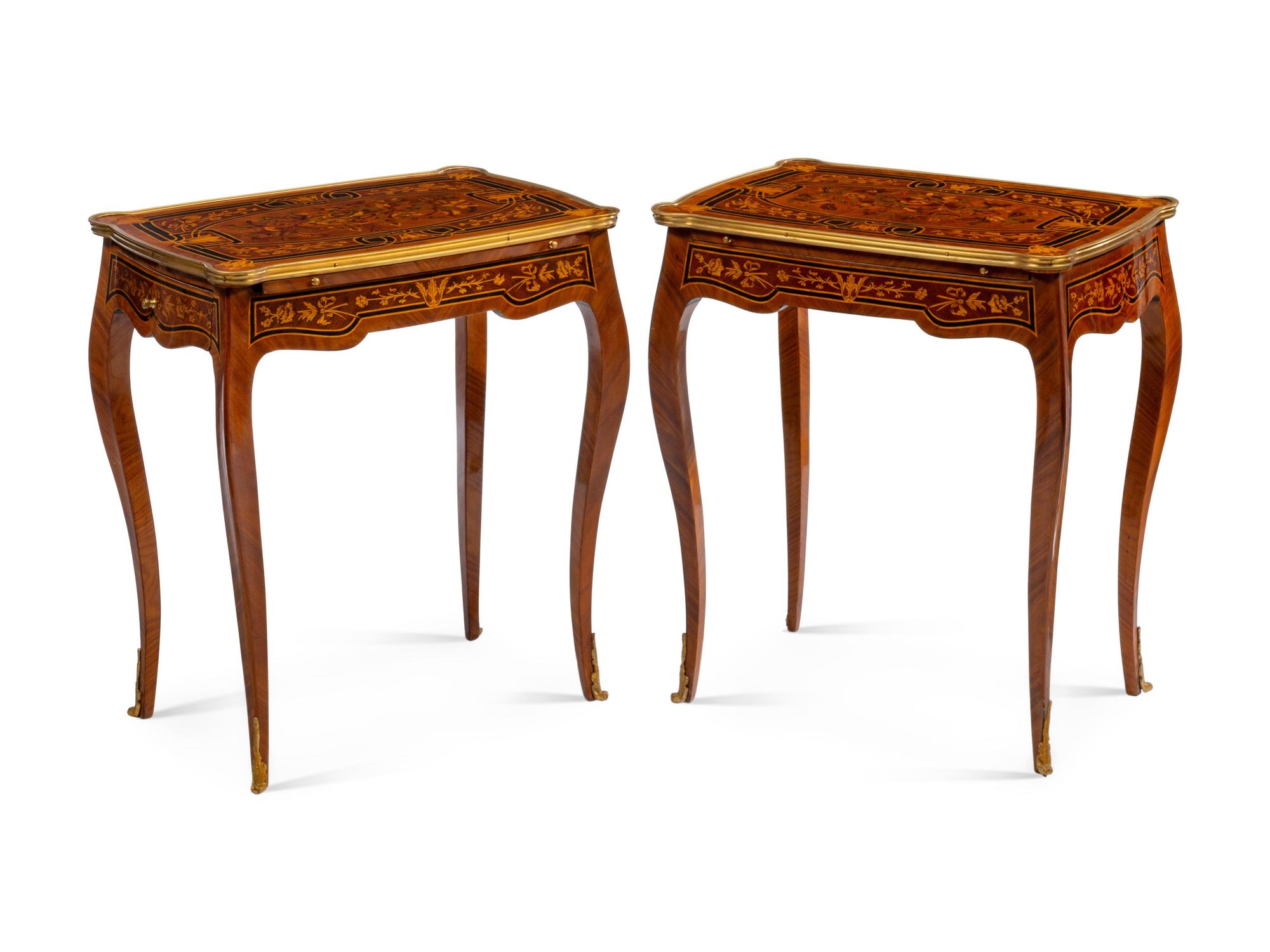 A Pair of Louis XV Style Gilt Metal Mounted Marquetry Side Tables