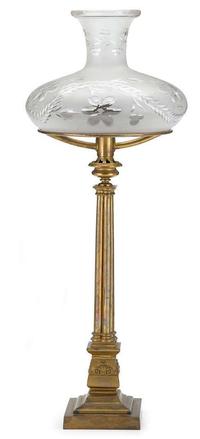 Gilt brass sinumbra lamp with cut glass shade messenger & son, london and birmingham, manufactured for jones, low & hall, boston
