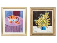 Peaches in a Blue and White Bowl , 1976, and Yellow Gorse in a Blue Pitcher (two works)