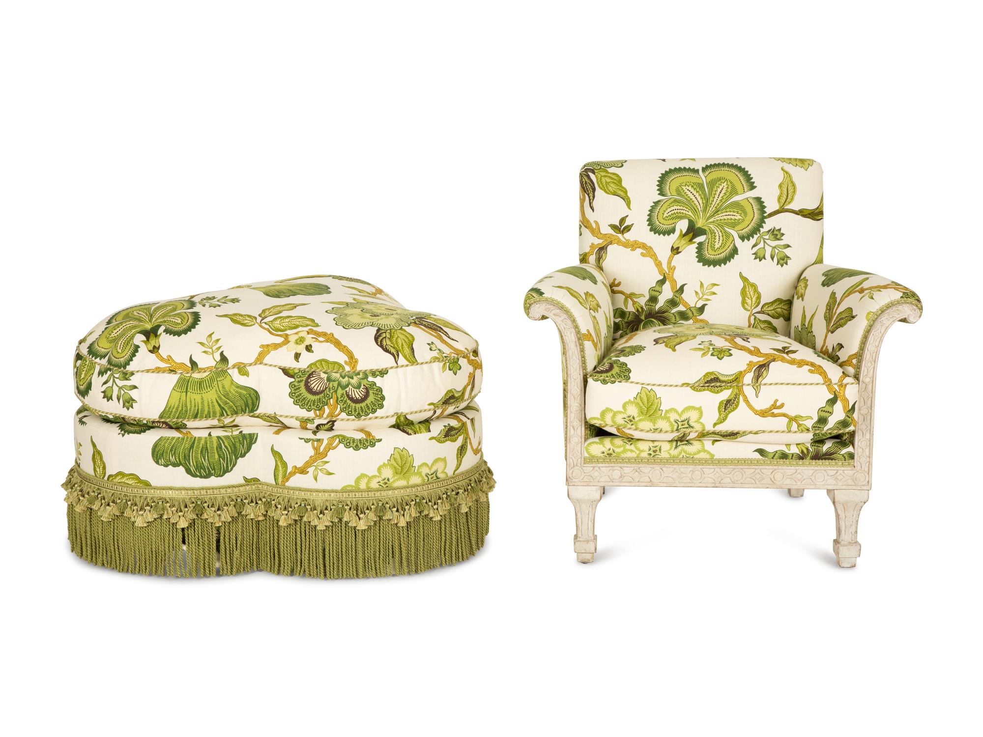An Upholstered Armchair with Trefoil Shape Ottoman