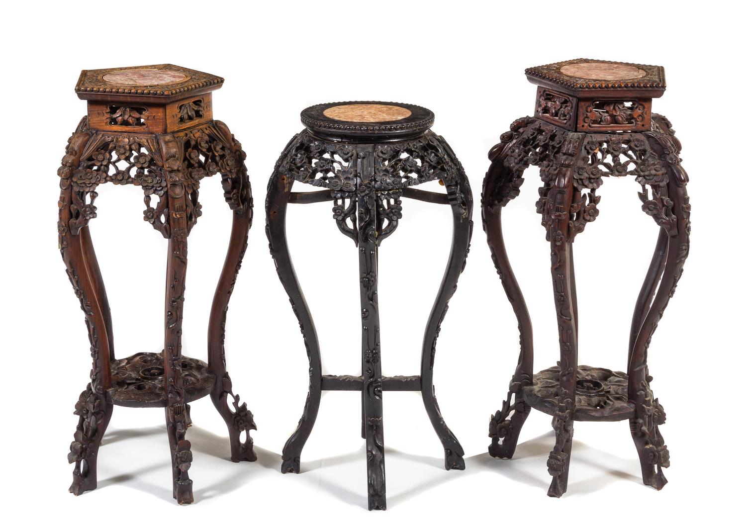 Three Chinese Marble Inset Hardwood Side Stands, Huaji Height 32 x width 11 x depth 11 inches. — LATE QING DYNASTY