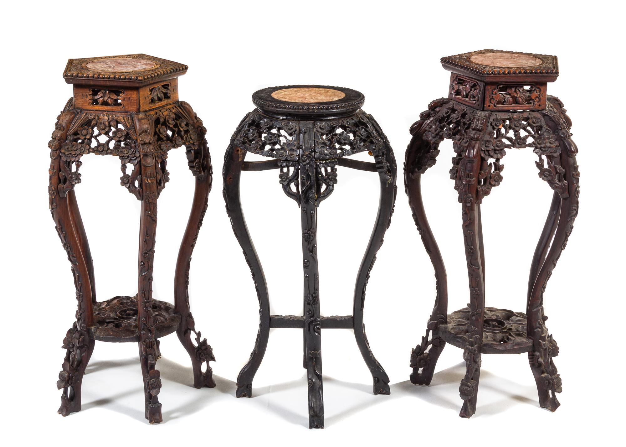 Three Chinese Marble Inset Hardwood Side Stands, Huaji Height 32 x width 11 x depth 11 inches. — LATE QING DYNASTY