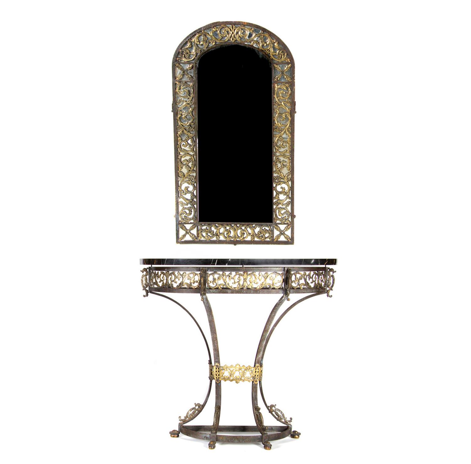 A Continental Ebonized and Parcel Gilt Metal Marble-Top Console Table and Mirror