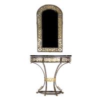 A Continental Ebonized and Parcel Gilt Metal Marble-Top Console Table and Mirror