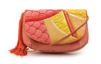 A Judith Leiber Coral and Marigold Exotic Skin Patchwork Bag, 8 1/2 x 6 x 1 1/2 inches.