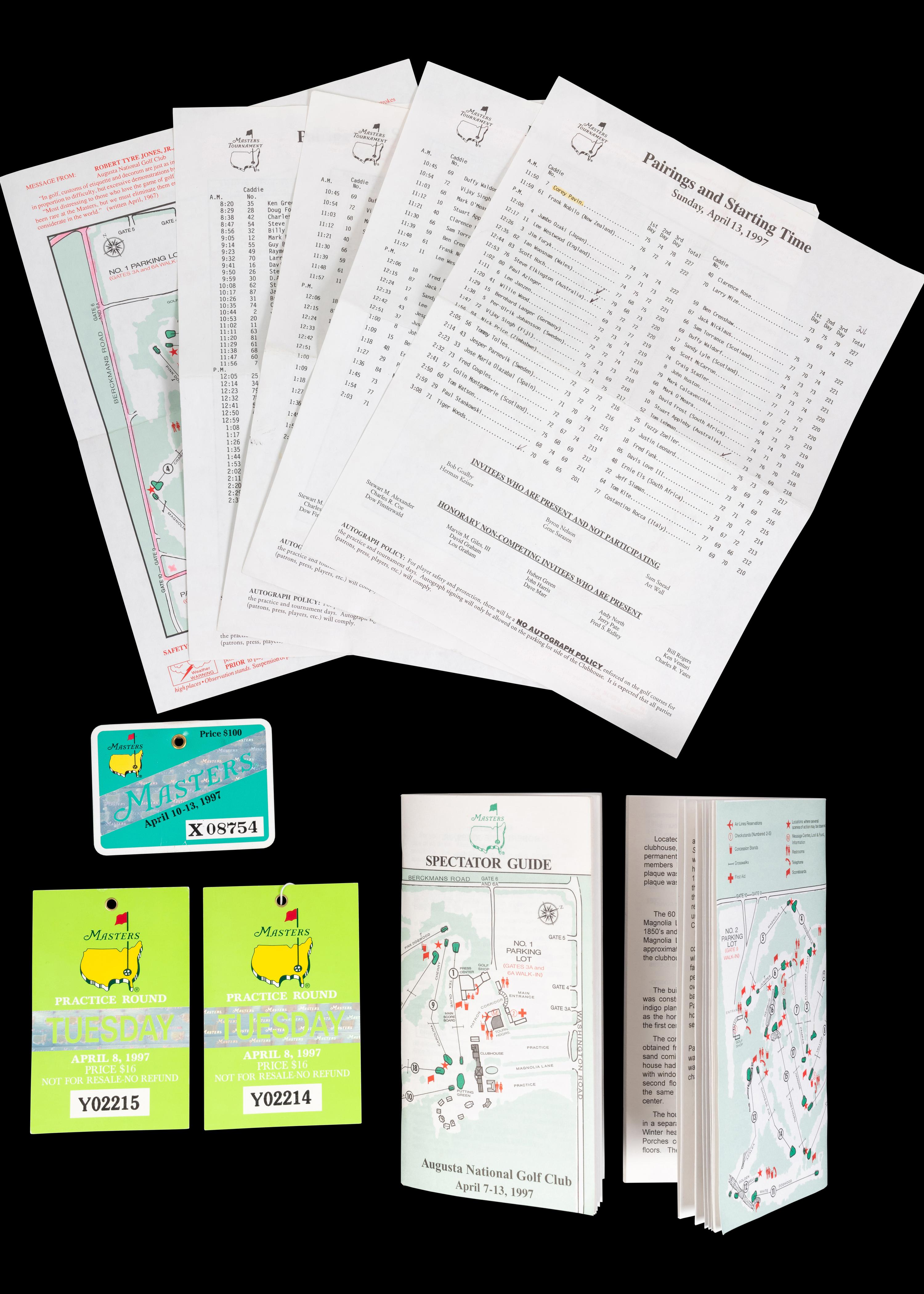 A Group of Tiger Woods 1997 Masters Golf Tournament Augusta National Items from Woods' First Victory (Including Badges),