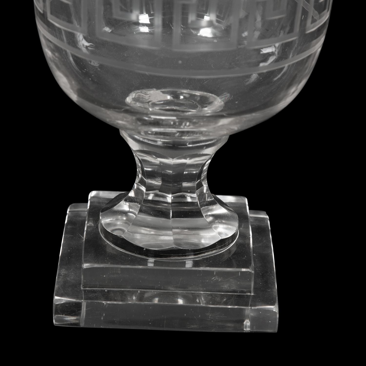 A Triple Etched Banded Greek Key Hurricane Lamp