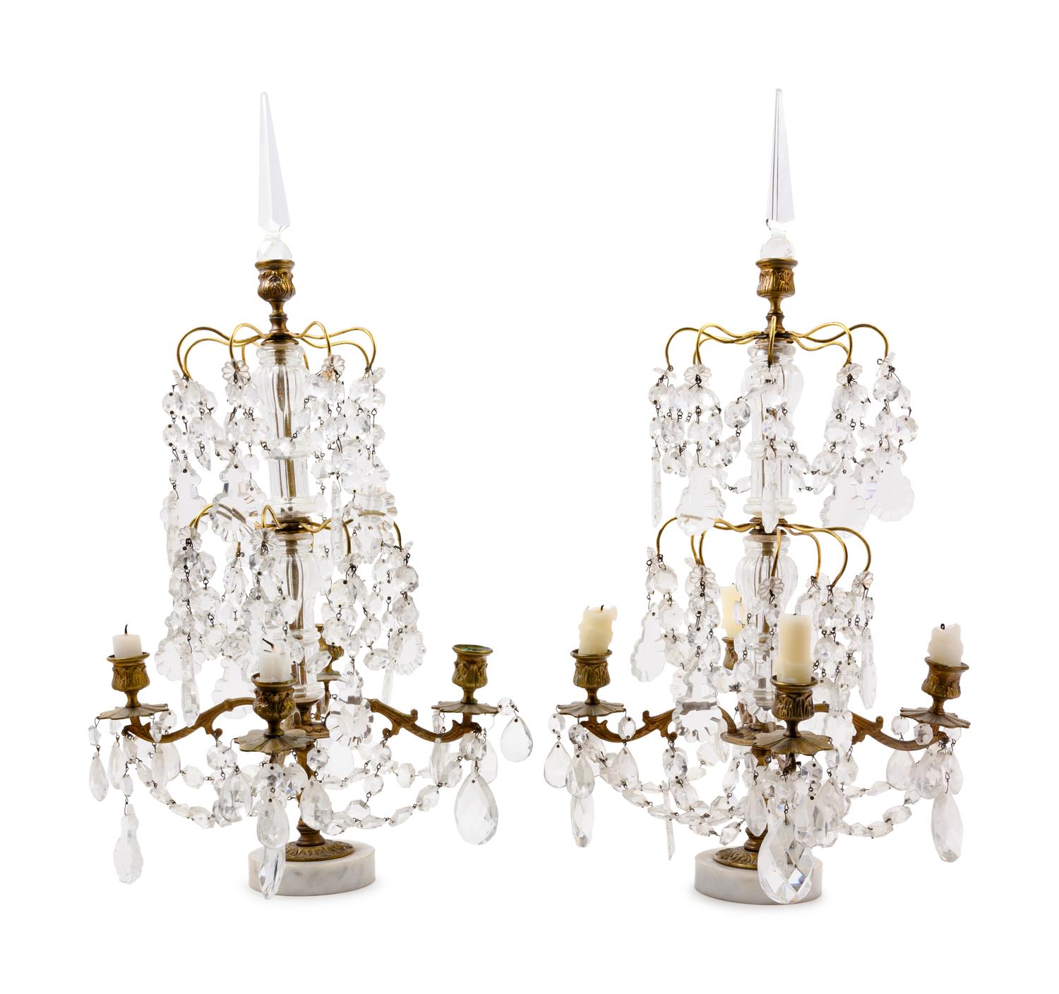 A Pair of French Gilt Bronze and Cut Glass Four-Light Candelabra