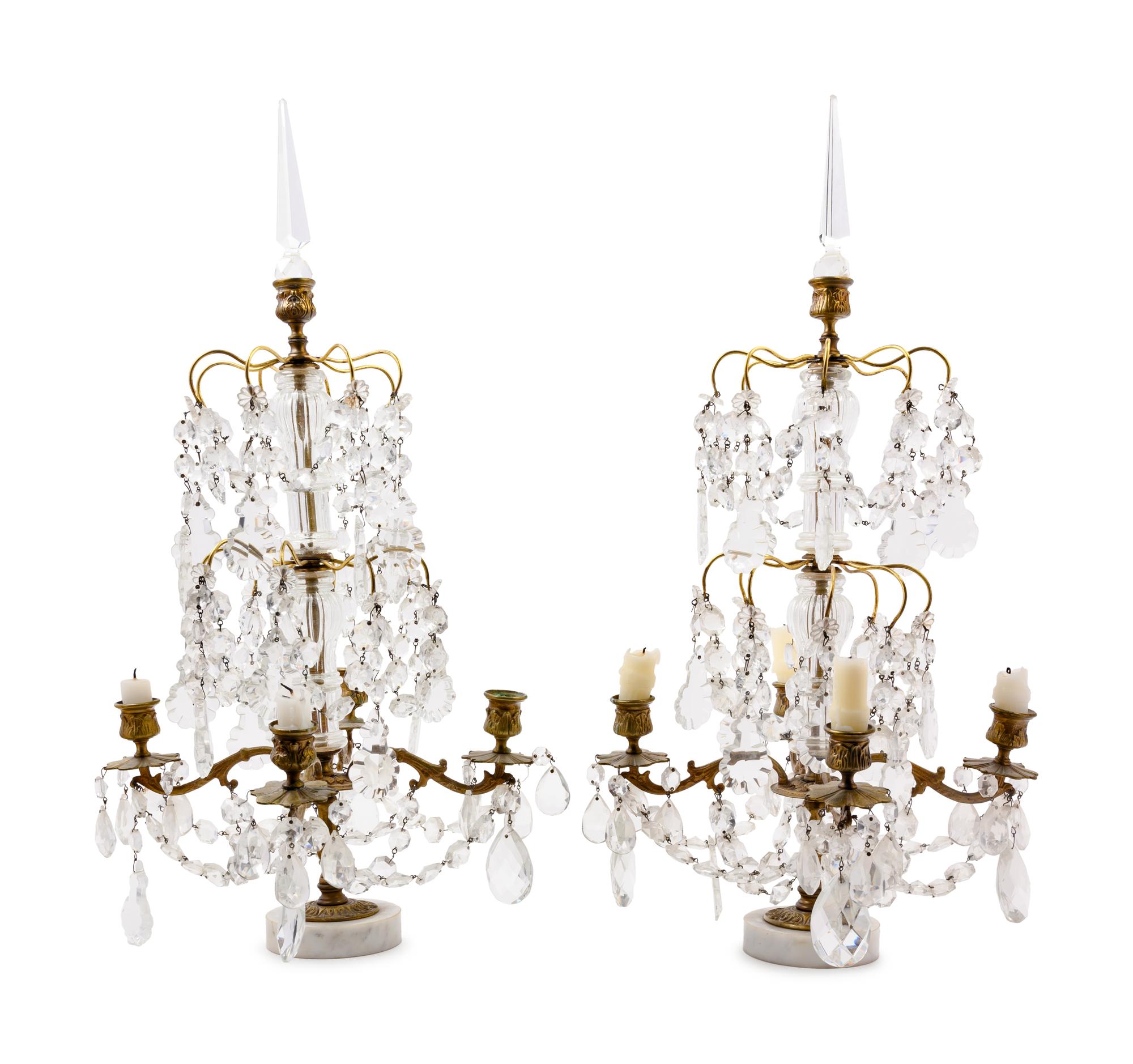 A Pair of French Gilt Bronze and Cut Glass Four-Light Candelabra