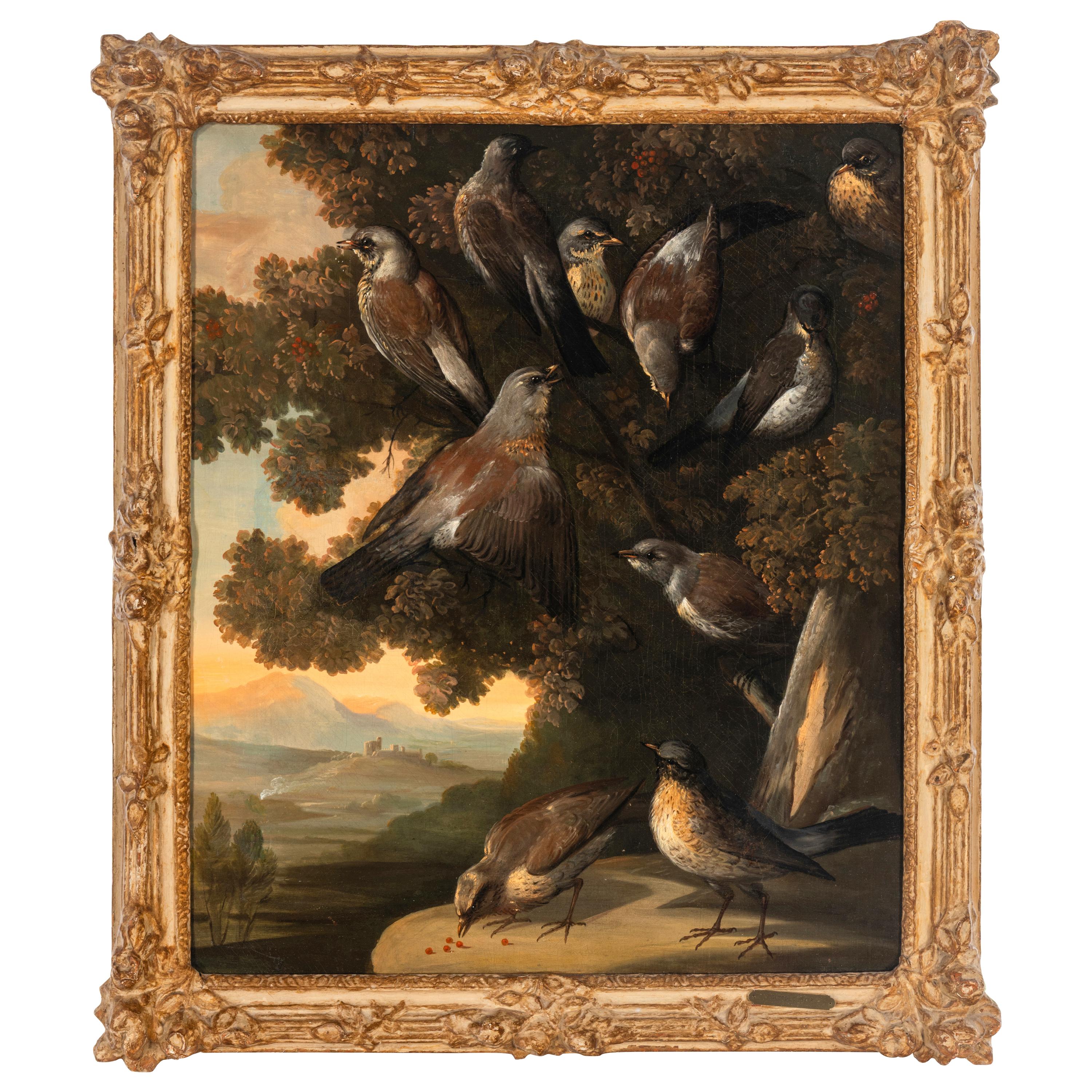 George C. Hezier (British, 19th Century) — A Flock of Fieldfares in a Tree, Haddon Hall
