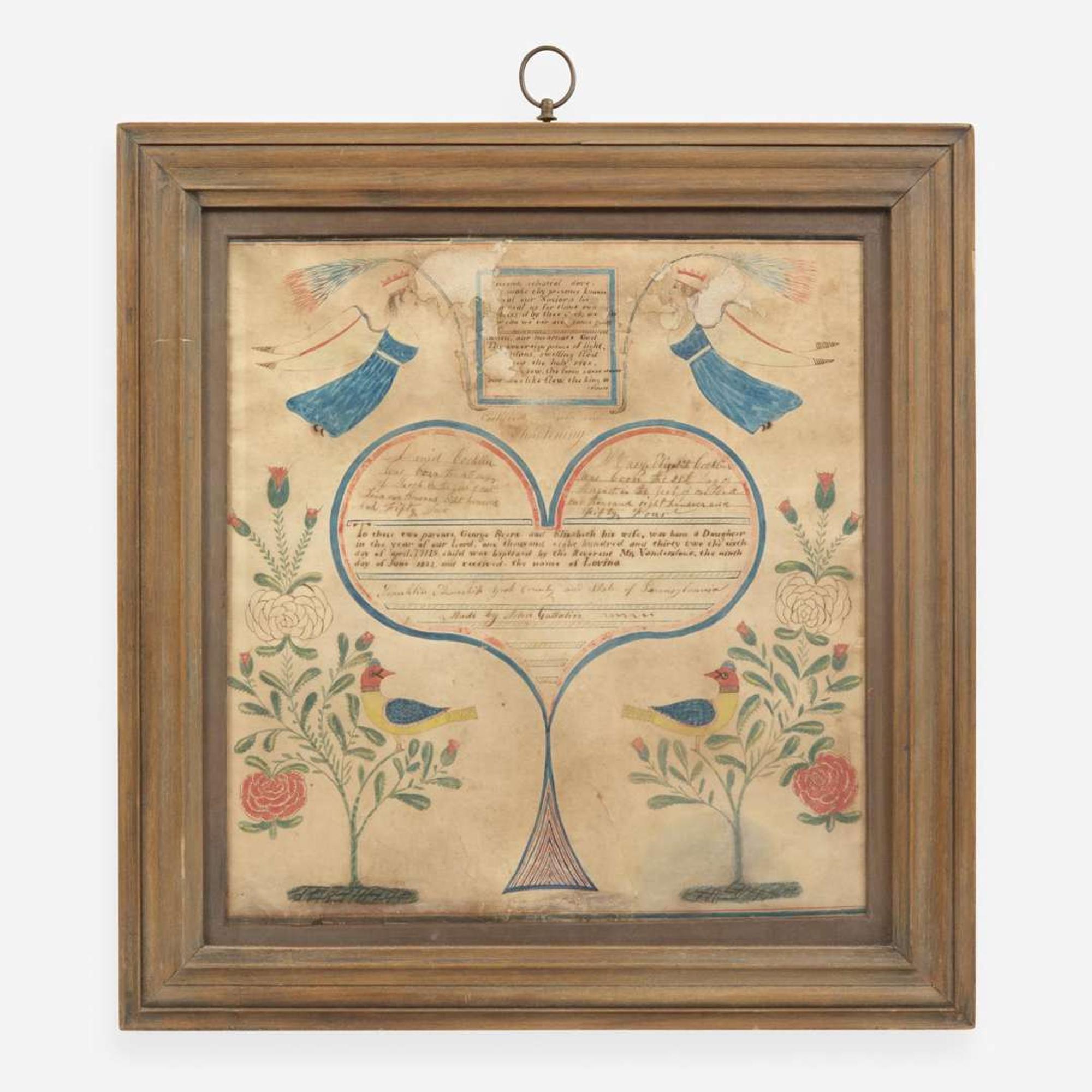 A Fraktur birth record for the Byers Family Signed, "John Gallatin," Franklin Township, York County, PA, dated "1832" Provenance Property of a New York collector.