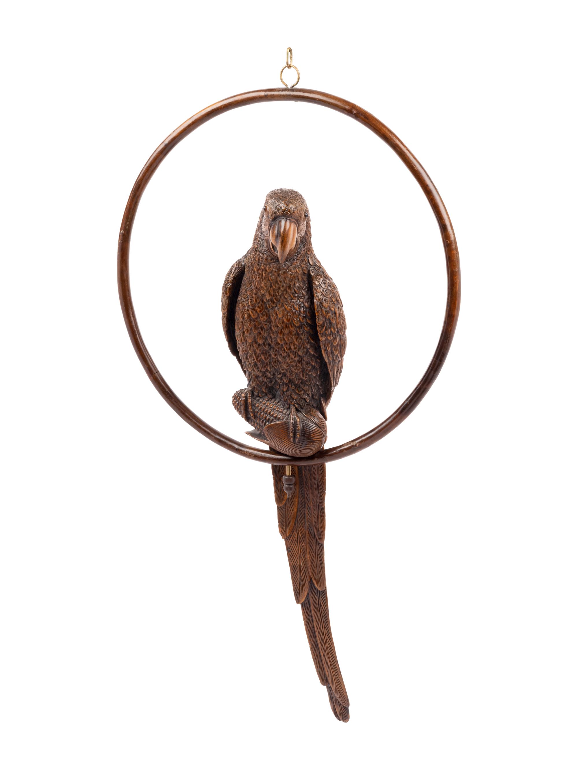 A Black Forest Carved Parrot on Ring Perch Ornament